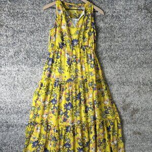 Maeve Dress Womens 4P Yellow Floral Tiered Maxi Sleeveless V-Neck Anthropologie